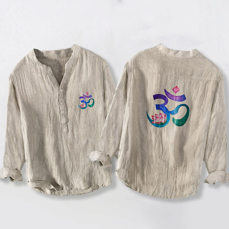 Buddha Stones Lotus OM Symbol Pattern Half Buttons Men's Cotton Linen Long Sleeve Shirt - Linen - US/UK/AU50，EU60 (5XL) - image 3