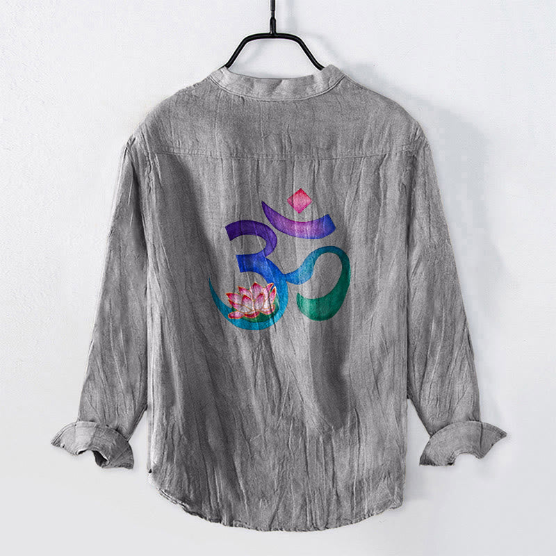 Buddha Stones Lotus OM Symbol Pattern Half Buttons Men's Cotton Linen Long Sleeve Shirt - image 2