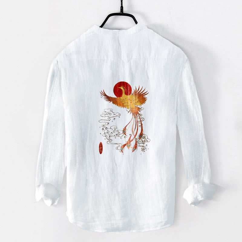 Buddha Stones Phoenix Clouds Red Sun Pattern Half Buttons Men's Cotton Linen Long Sleeve Shirt - image 5