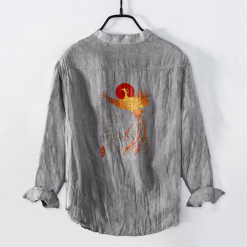 Buddha Stones Phoenix Clouds Red Sun Pattern Half Buttons Men's Cotton Linen Long Sleeve Shirt - image 8