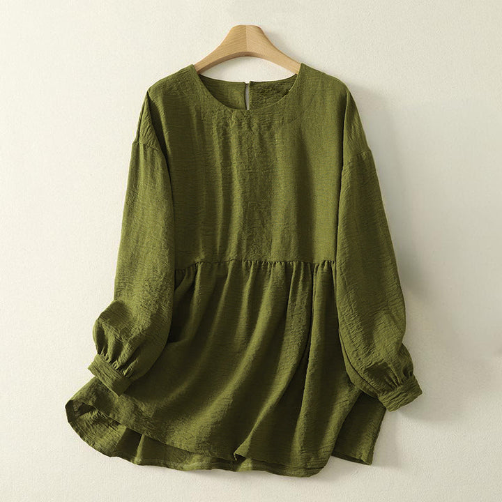 Buddha Stones Casual Olive Green Crew Neck Women's Cotton Linen Long Sleeve Shirt - Olive - US8-10，UK/AU12-14，EU40-42 (2XL) - image 0