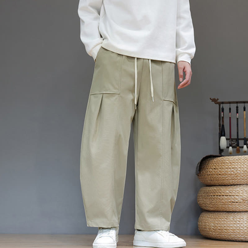 Buddha Stones Fall Pure Color Cotton Men's Cropped Harem Pants With Pockets - DarkKhaki - US/UK/AU46，EU56 (5XL) - image 0