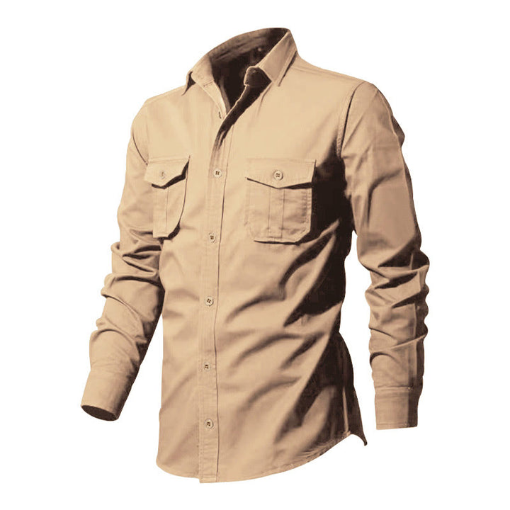 Buddha Stones Solid Color Men's Stand Collar Long Sleeve Shirt With Pockets - image 1