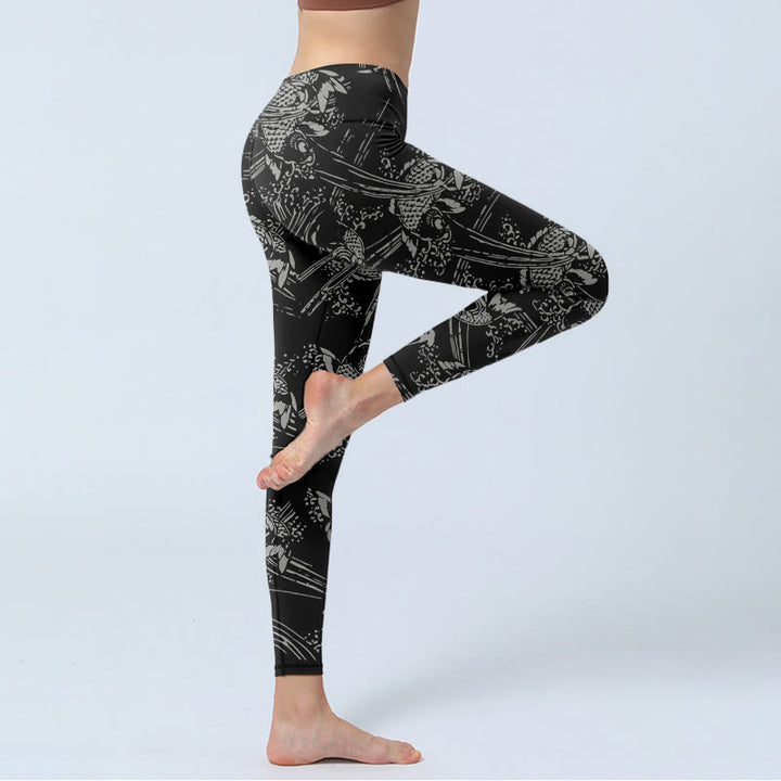 Buddha Stones Black Koi Fish Pattern Print Gym Leggings Women's Yoga Pants - image 4