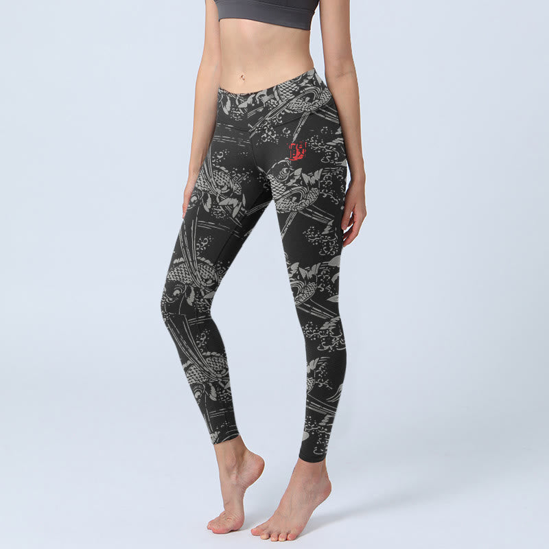 Buddha Stones Black Koi Fish Pattern Print Gym Leggings Women's Yoga Pants - Black - US18，UK/AU22，EU50 (4XL) - image 0