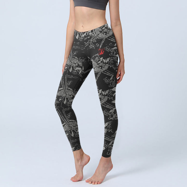 Buddha Stones Black Koi Fish Pattern Print Gym Leggings Women's Yoga Pants - Black - US18，UK/AU22，EU50 (4XL) - image 0