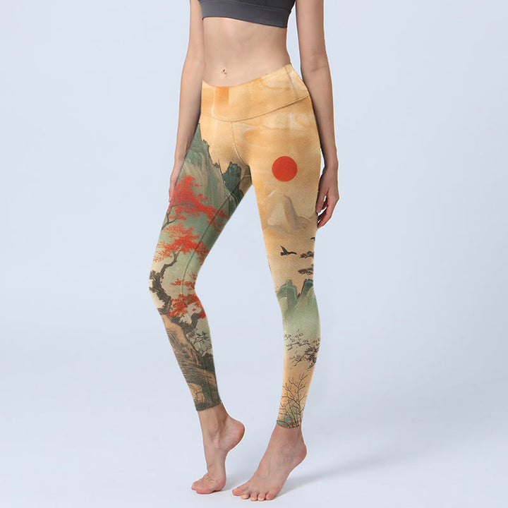 Buddha Stones Mountains Trees Rising Sun Pattern Print Gym Leggings Women's Yoga Pants - SandyBrown - US18，UK/AU22，EU50 (4XL) - image 0