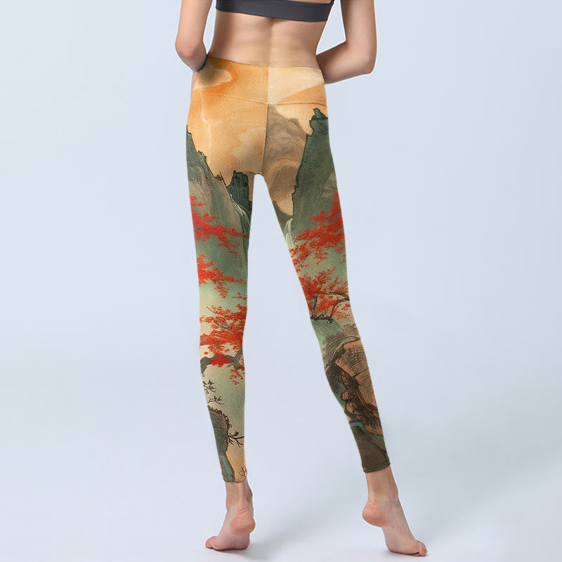 Buddha Stones Mountains Trees Rising Sun Pattern Print Gym Leggings Women's Yoga Pants - image 6