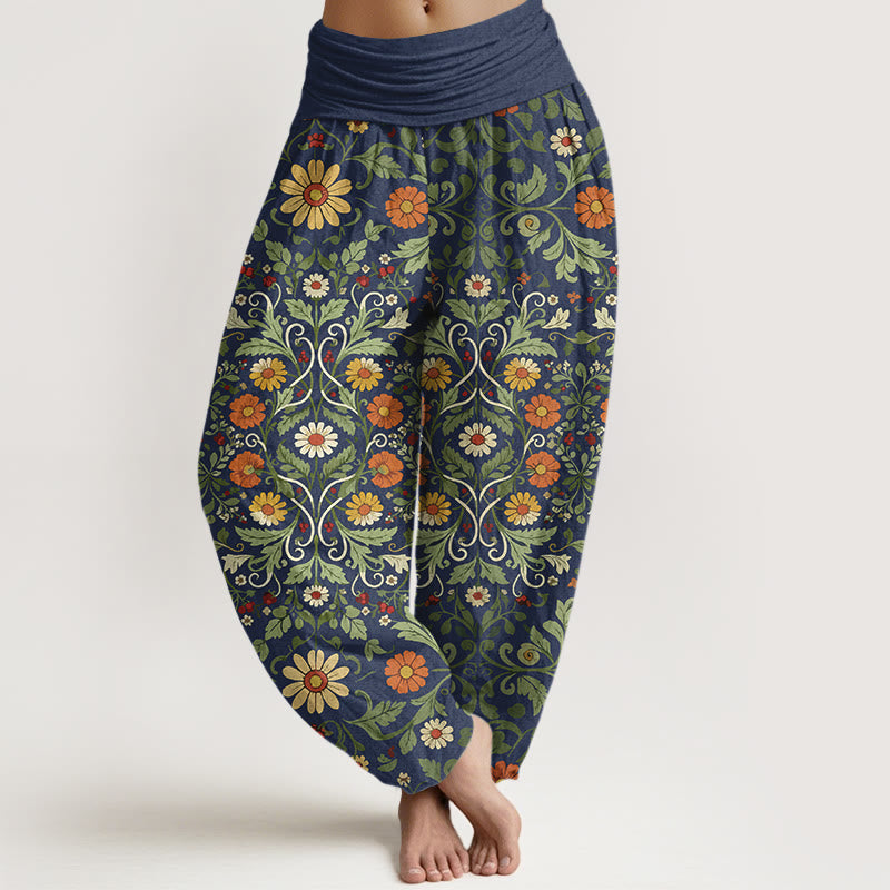 Buddha Stones Pure Cotton Colorful Flowers Vines Women's Elastic Waist Harem Pants - DarkSlateBlue - US16，UK/AU20，EU48 (3XL) - image 0
