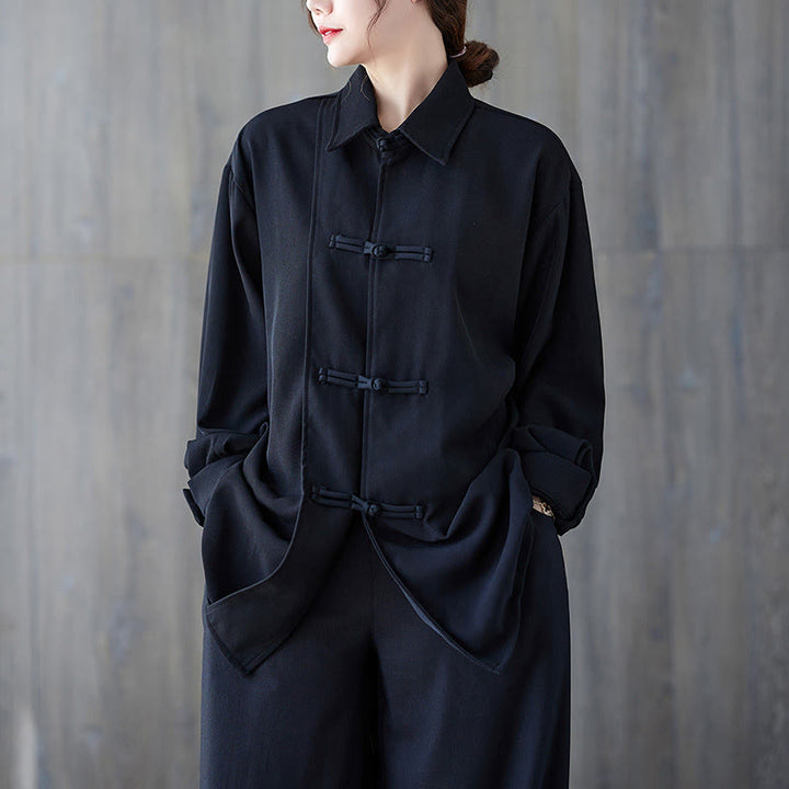 Buddha Stones Black Plain Frog-Button Lapel Women's Cotton Long Sleeve Shirt - Black - US12，UK/AU16，EU44 (XL) - image 0