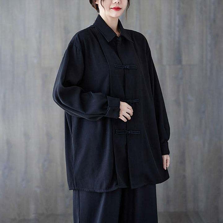 Buddha Stones Black Plain Frog-Button Lapel Women's Cotton Long Sleeve Shirt - image 4