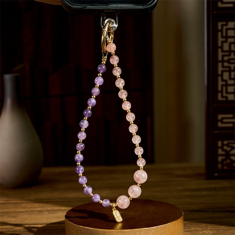 Buddha Stones Strawberry Quartz Amethyst Happiness Healing Key Chain Phone Hanging Decoration - image 4