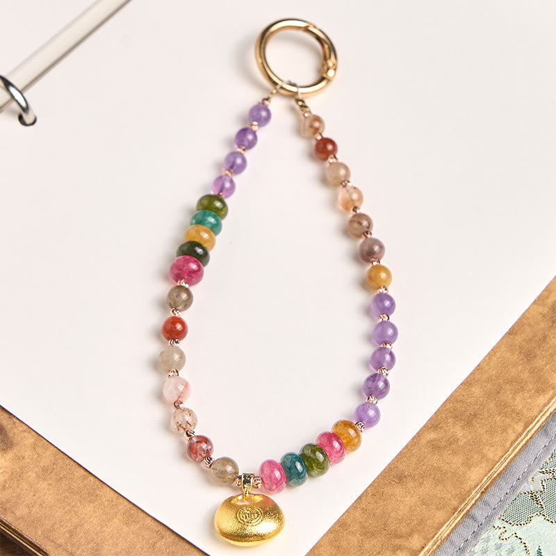 Buddha Stones Colorful Fu Character Amethyst Super Seven Crystal Key Chain Phone Hanging Decoration - Amethyst(Balance ♥ Relieves stress) - image 0
