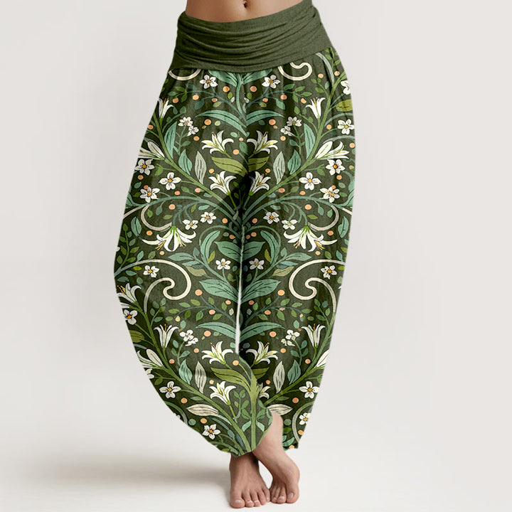 Buddha Stones Pure Cotton Elegant Lily Petal Leaf Pattern Women's Elastic Waist Harem Pants - DarkOliveGreen - US16，UK/AU20，EU48 (3XL) - image 5