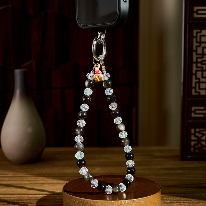 Buddha Stones Year of the Horse Silver Sheen Obsidian Protection Key Chain Phone Hanging Decoration - image 3