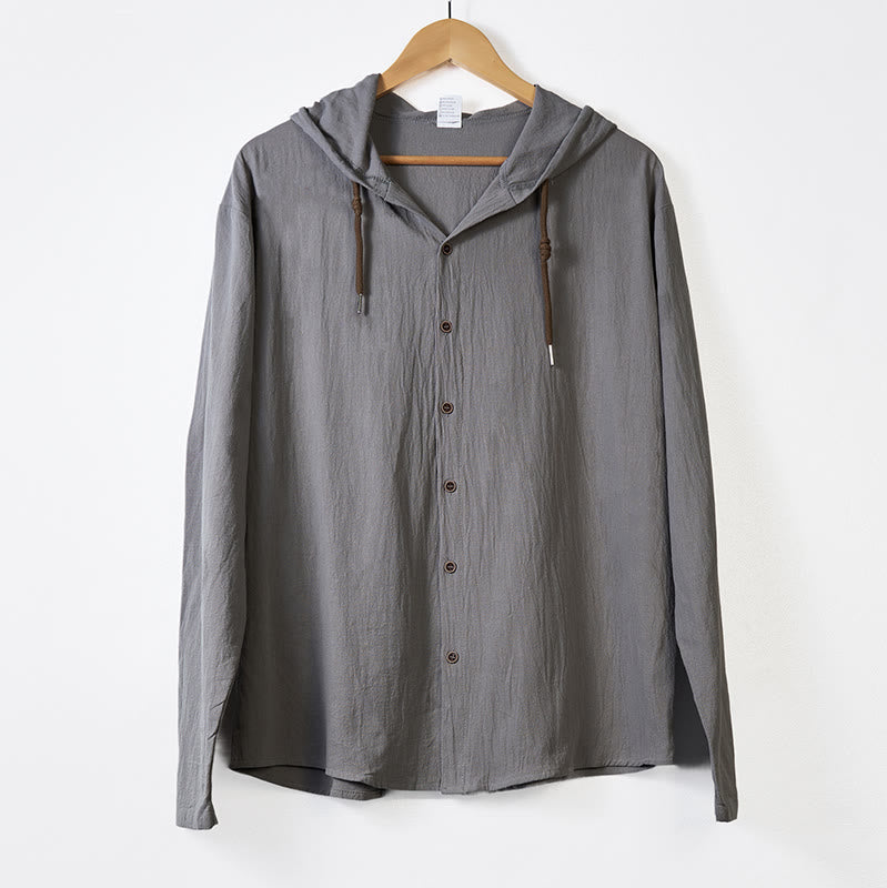 Buddha Stones Solid Color Long Sleeve Hooded Drawstring Buttons Linen Men's Shirt - image 11