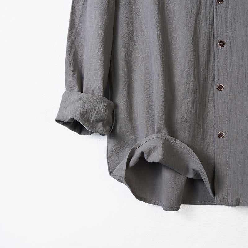 Buddha Stones Solid Color Long Sleeve Hooded Drawstring Buttons Linen Men's Shirt - image 12