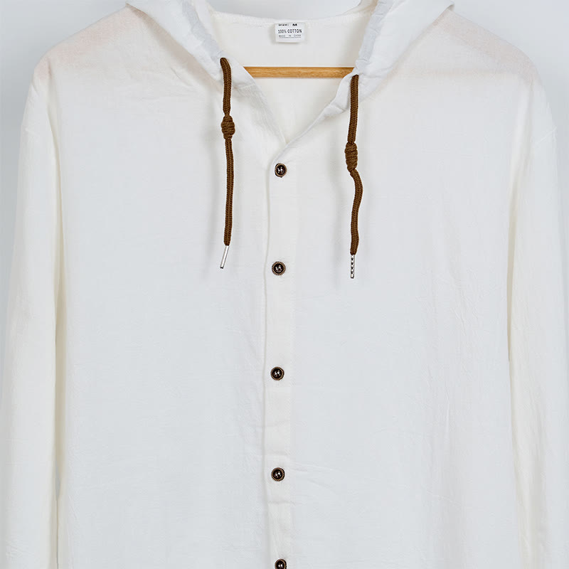 Buddha Stones Solid Color Long Sleeve Hooded Drawstring Buttons Linen Men's Shirt - image 7