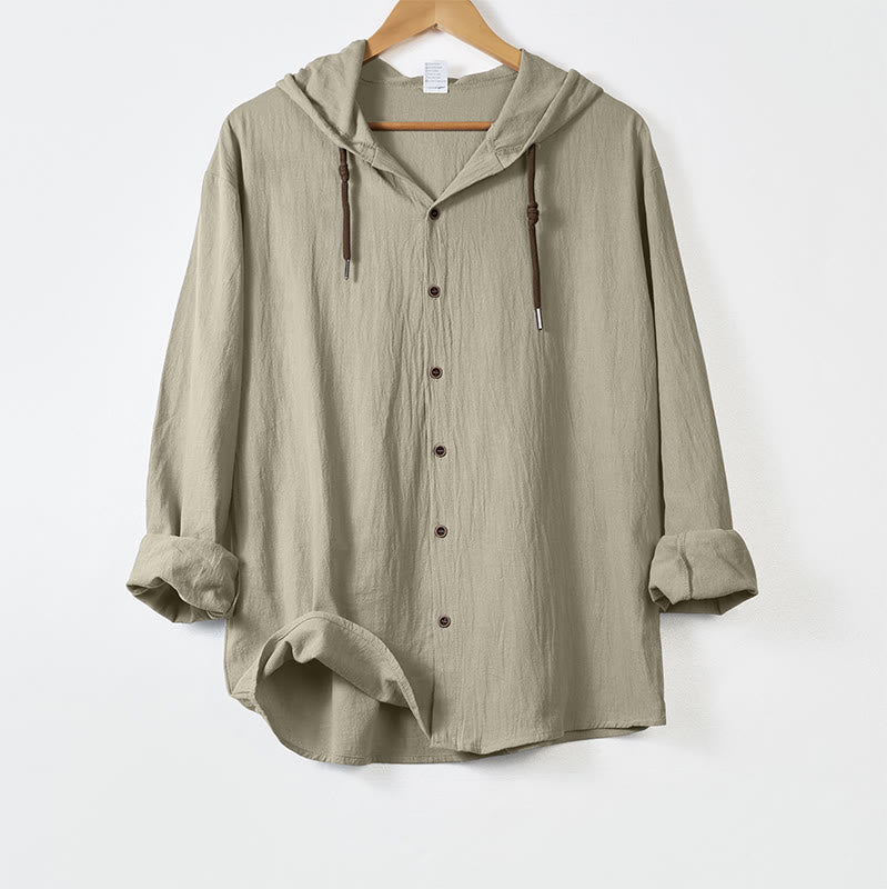 Buddha Stones Solid Color Long Sleeve Hooded Drawstring Buttons Men's Shirt - Beige - US/UK/AU44，EU54 (3XL) - image 15