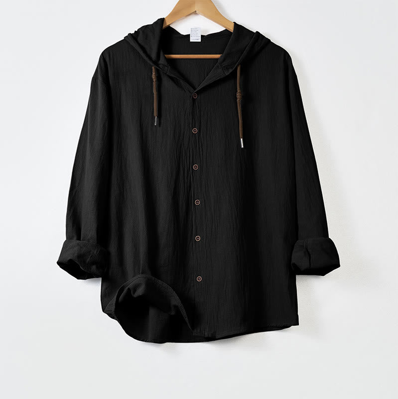 Buddha Stones Solid Color Long Sleeve Hooded Drawstring Buttons Men's Shirt - Black - US/UK/AU44，EU54 (3XL) - image 9