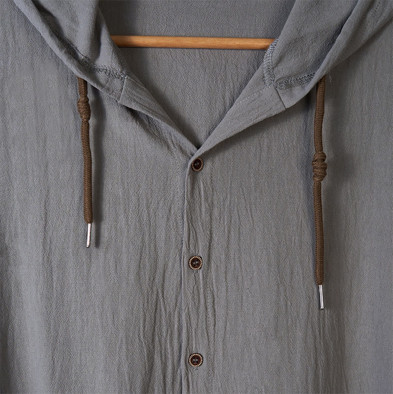 Buddha Stones Solid Color Long Sleeve Hooded Drawstring Buttons Linen Men's Shirt - image 13