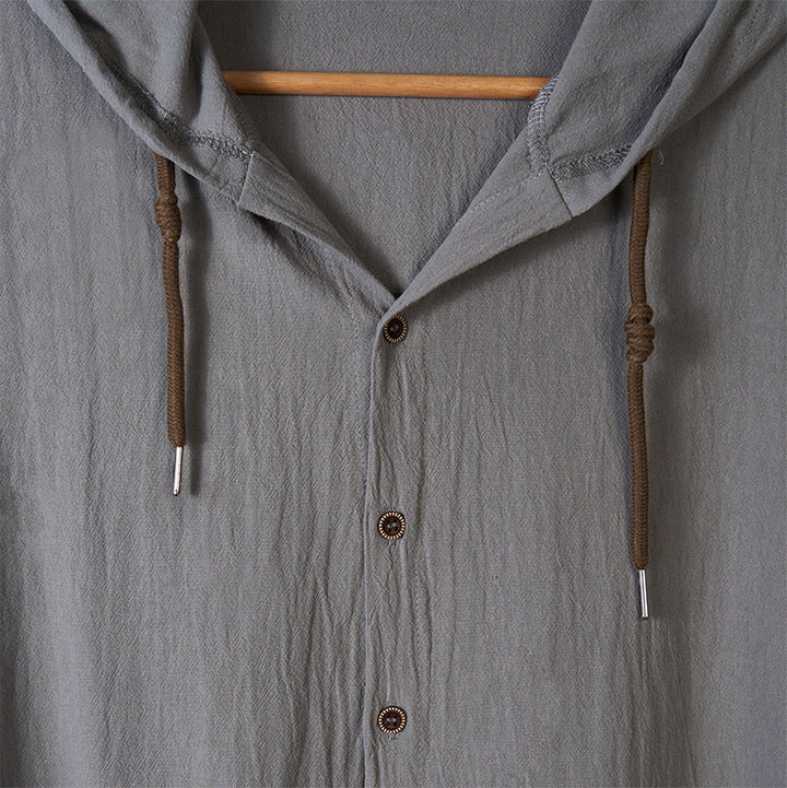 Buddha Stones Solid Color Long Sleeve Hooded Drawstring Buttons Linen Men's Shirt - image 13