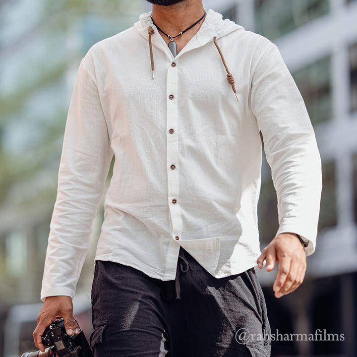 Buddha Stones Solid Color Long Sleeve Hooded Drawstring Buttons Cotton Men's Shirt - White - US/UK/AU44，EU54 (3XL) - image 0