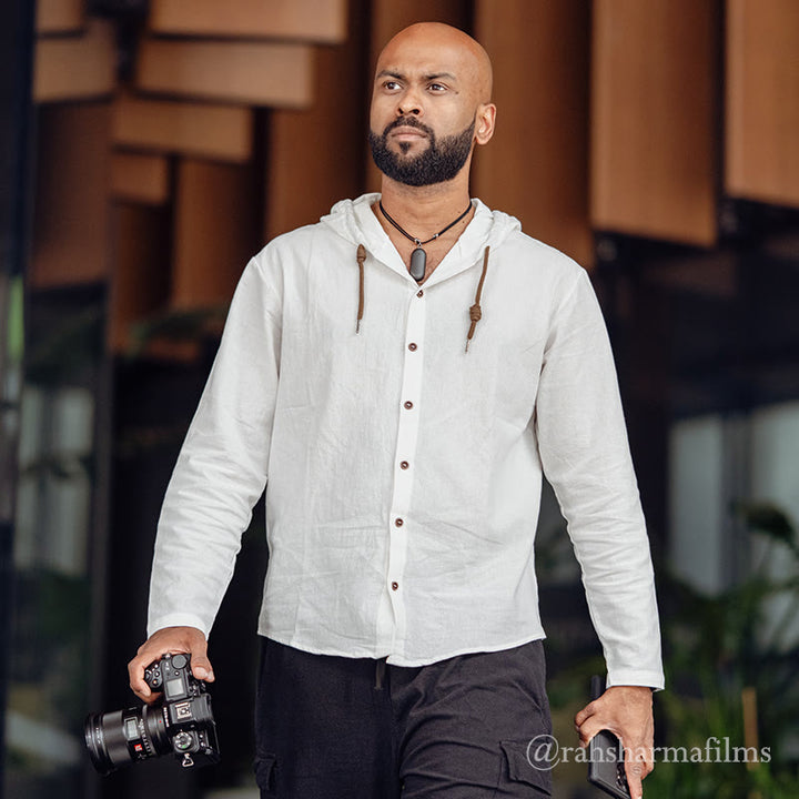 Buddha Stones Solid Color Long Sleeve Hooded Drawstring Buttons Linen Men's Shirt - image 3