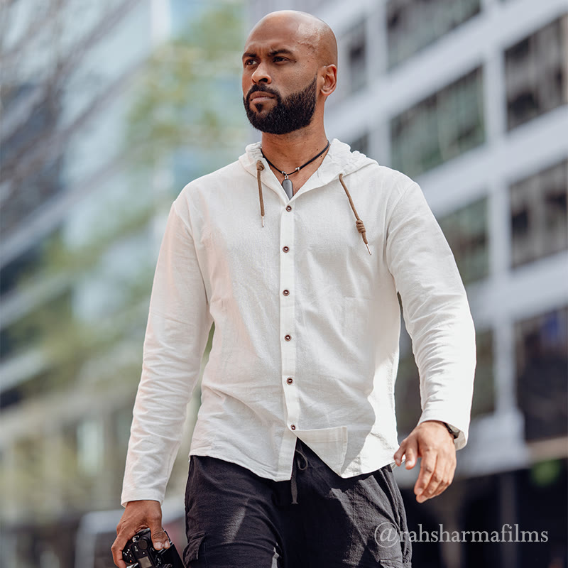 Buddha Stones Solid Color Long Sleeve Hooded Drawstring Buttons Linen Men's Shirt - image 2