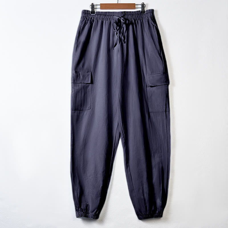 Buddha Stones Solid Color Linen Drawstring Men's Cargo Pants With Pockets - SteelBlue - US/UK/AU46，EU56 (3XL) - image 27