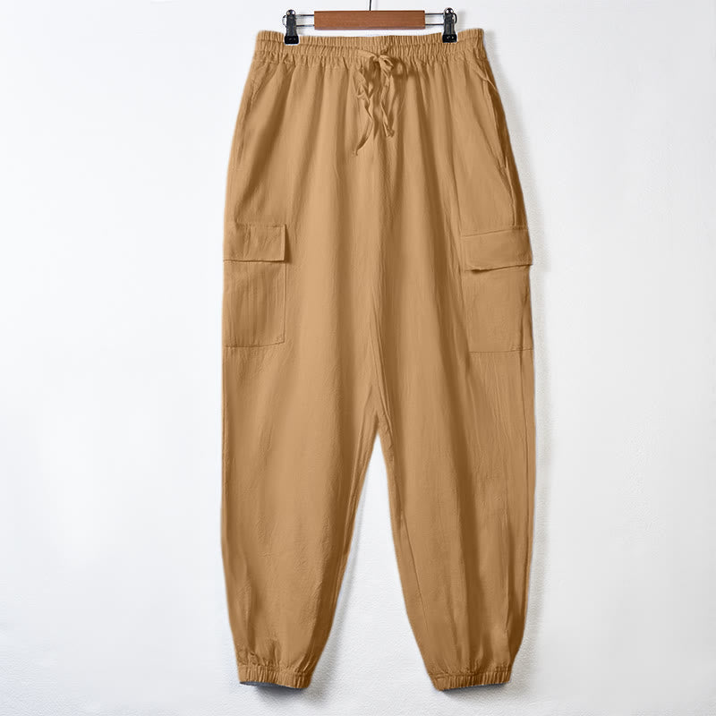 Buddha Stones Solid Color Linen Drawstring Men's Cargo Pants With Pockets - SandyBrown - US/UK/AU46，EU56 (3XL) - image 30