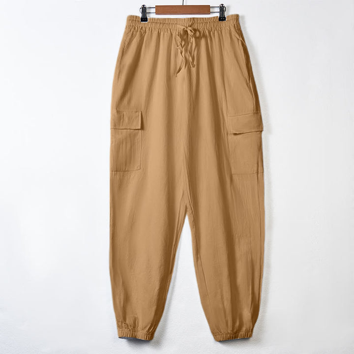 Buddha Stones Solid Color Linen Drawstring Men's Cargo Pants With Pockets - SandyBrown - US/UK/AU46，EU56 (3XL) - image 30