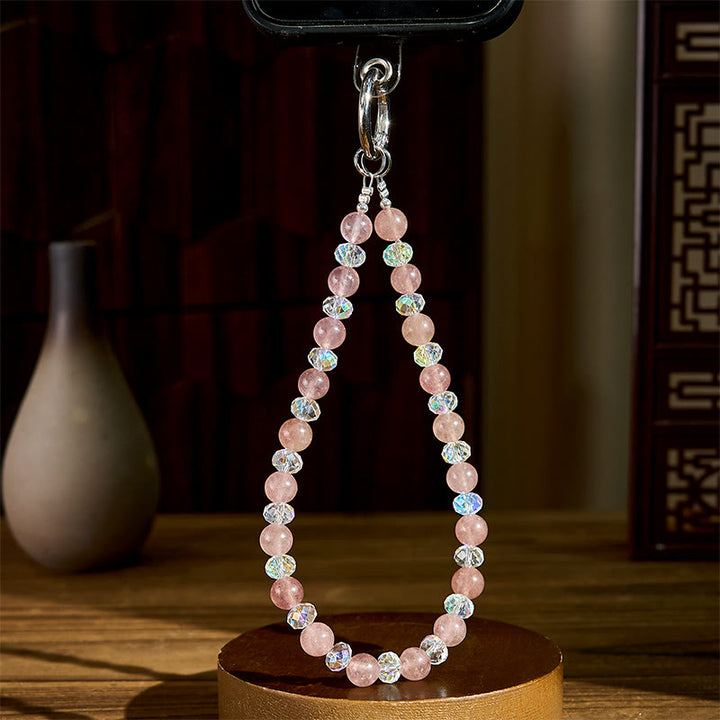 Buddha Stones Natural Strawberry Quartz Beaded Healing Key Chain Phone Hanging Decoration - image 2
