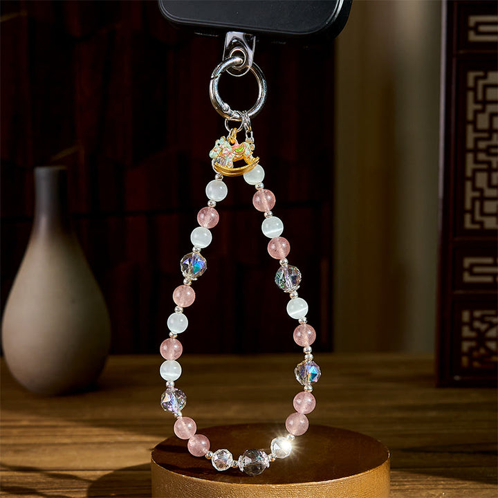 Buddha Stones Year of the Horse Strawberry Quartz White Cat's Eye Key Chain Phone Hanging Decoration - image 3