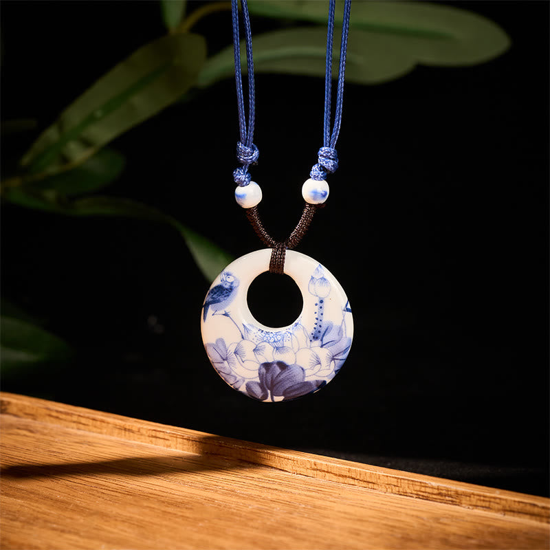 Buddha Stones Ethnic Peony Peach Blossoms Lotus Symbol Ceramics Necklace Enlightenment Pendant - image 1