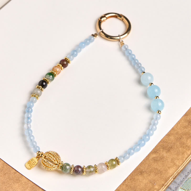 Buddha Stones Fu Character Blue Chalcedony Emotional Balance Key Chain Phone Hanging Decoration - Blue Chalcedony(Charity ♥ Friendliness) - image 0