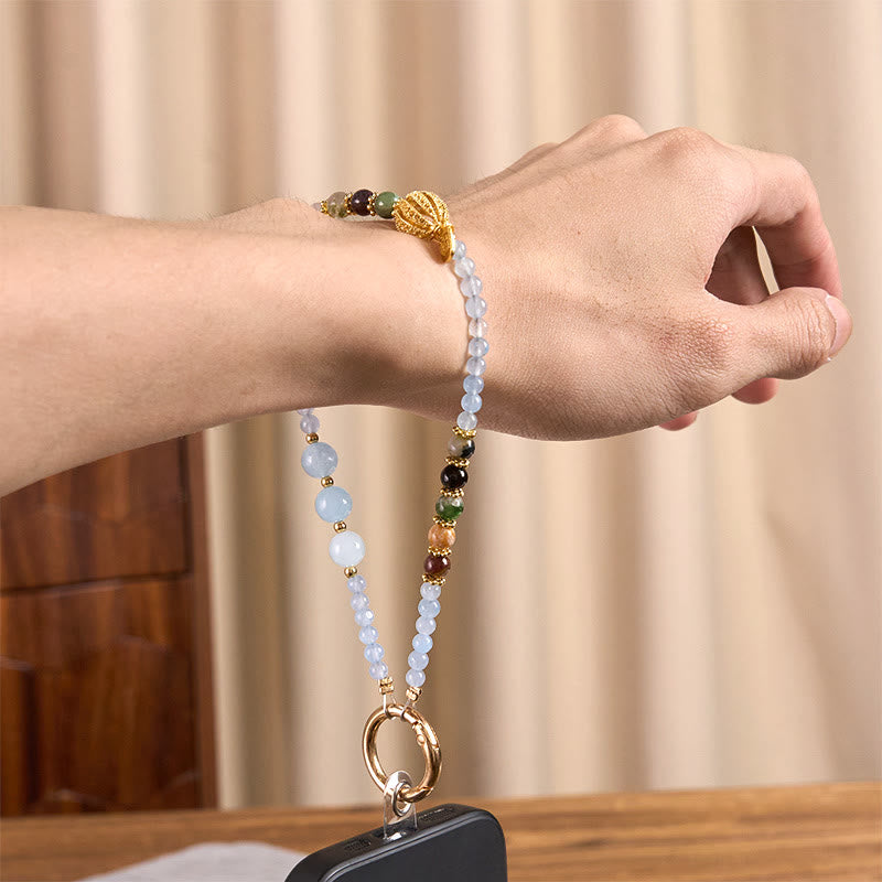 Buddha Stones Fu Character Blue Chalcedony Emotional Balance Key Chain Phone Hanging Decoration - image 5