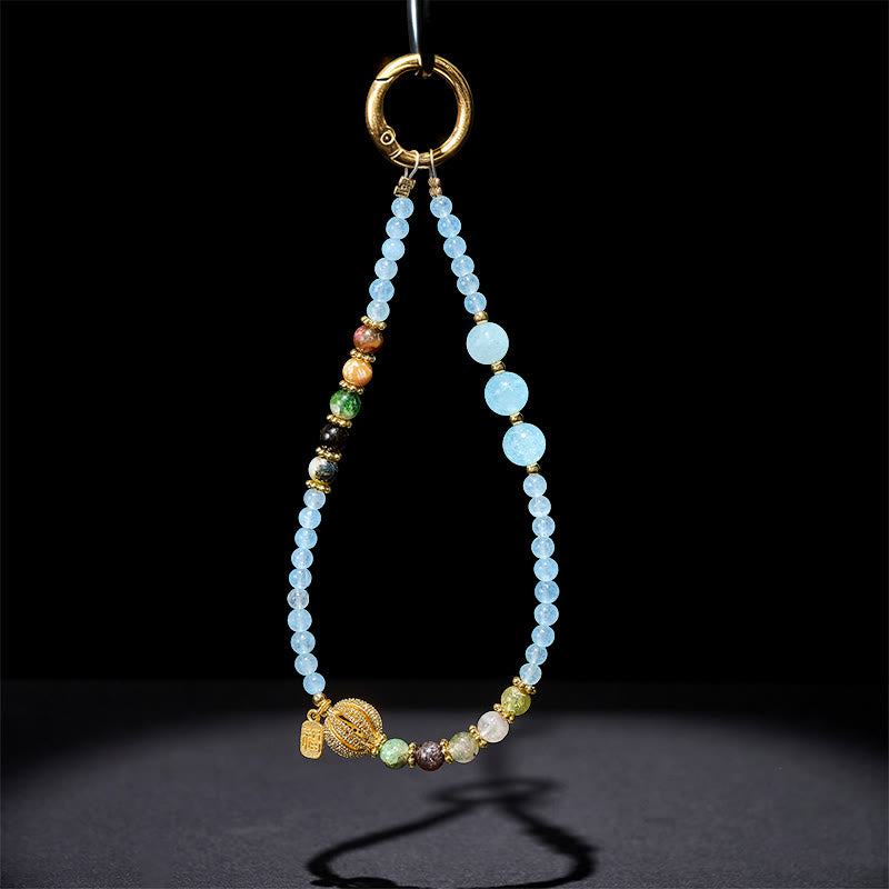 Buddha Stones Fu Character Blue Chalcedony Emotional Balance Key Chain Phone Hanging Decoration - image 3