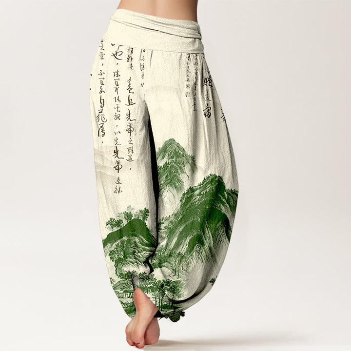 Buddha Stones Pure Cotton Chinese Calligraphy Landscape Painting Women's Elastic Waist Harem Pants - image 1