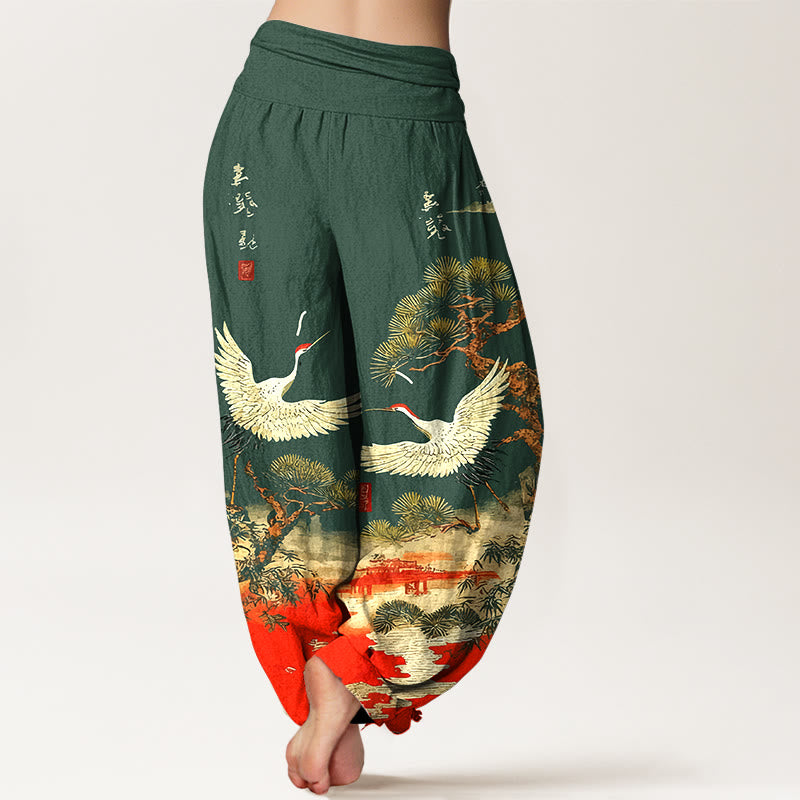 Buddha Stones Pure Cotton Vivid Crane Pine Tree Pattern Women's Elastic Waist Harem Pants - image 1