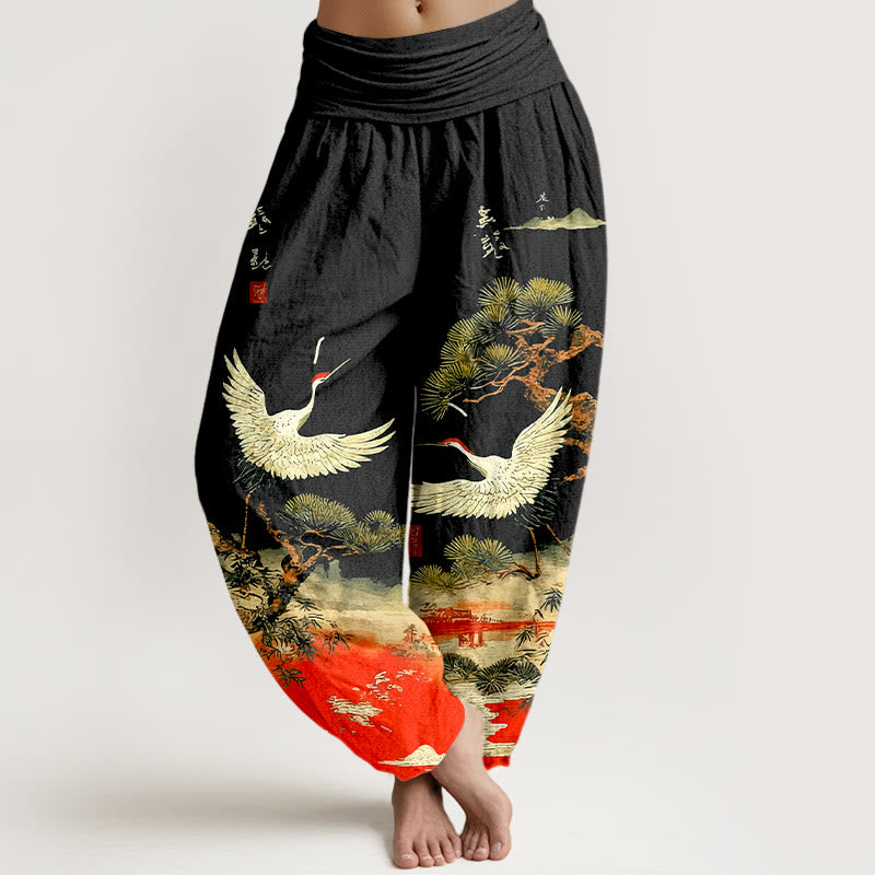 Buddha Stones Pure Cotton Vivid Crane Pine Tree Pattern Women's Elastic Waist Harem Pants - Black - US16，UK/AU20，EU48 (3XL) - image 5