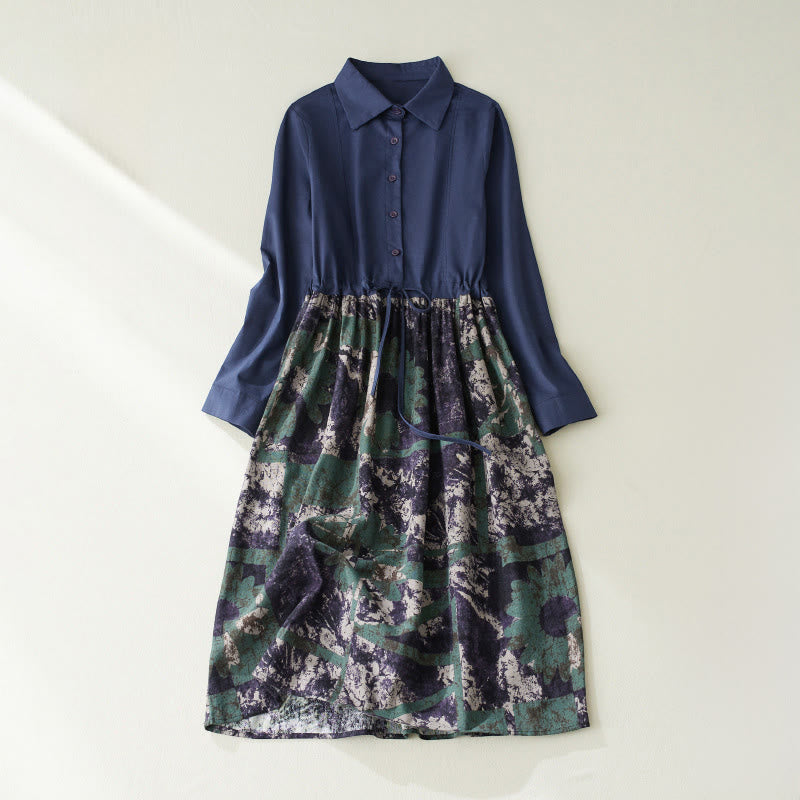 Buddha Stones Fall Printed Patchwork Design Drawstring Long Sleeve Linen Midi Dress With Pockets - DarkBlue - US8-10，UK/AU12-14，EU40-42 (2XL) - image 1