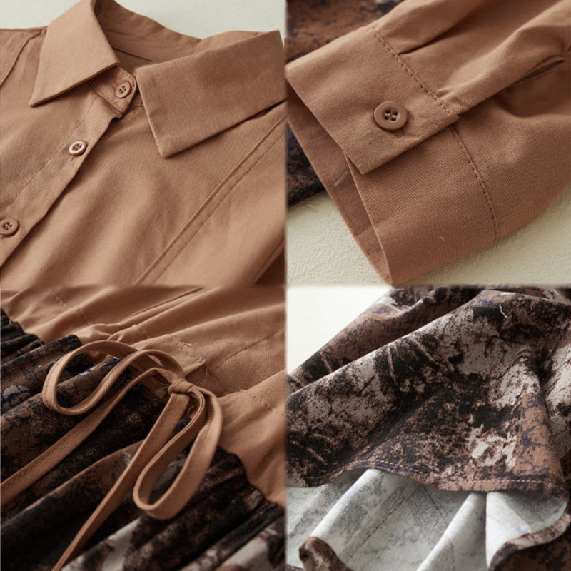 Buddha Stones Fall Printed Patchwork Design Drawstring Long Sleeve Linen Midi Dress With Pockets - image 13