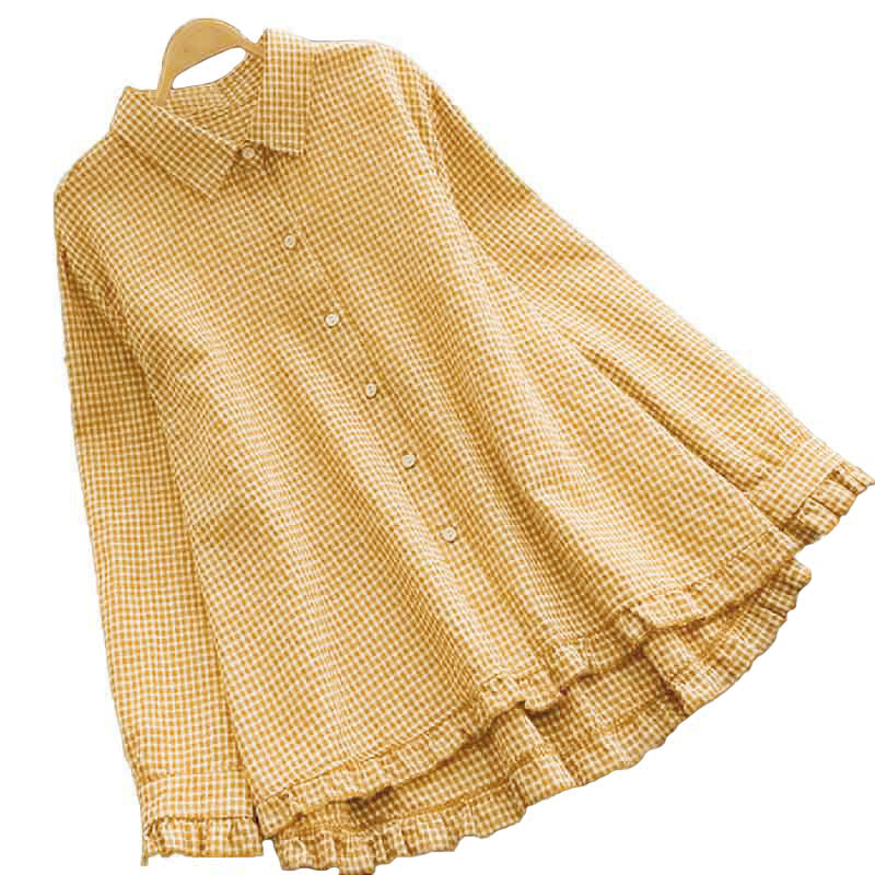 Buddha Stones Spring Plaid Ruffled Hem Design Long Sleeve Women's Buttons Shirt - image 3