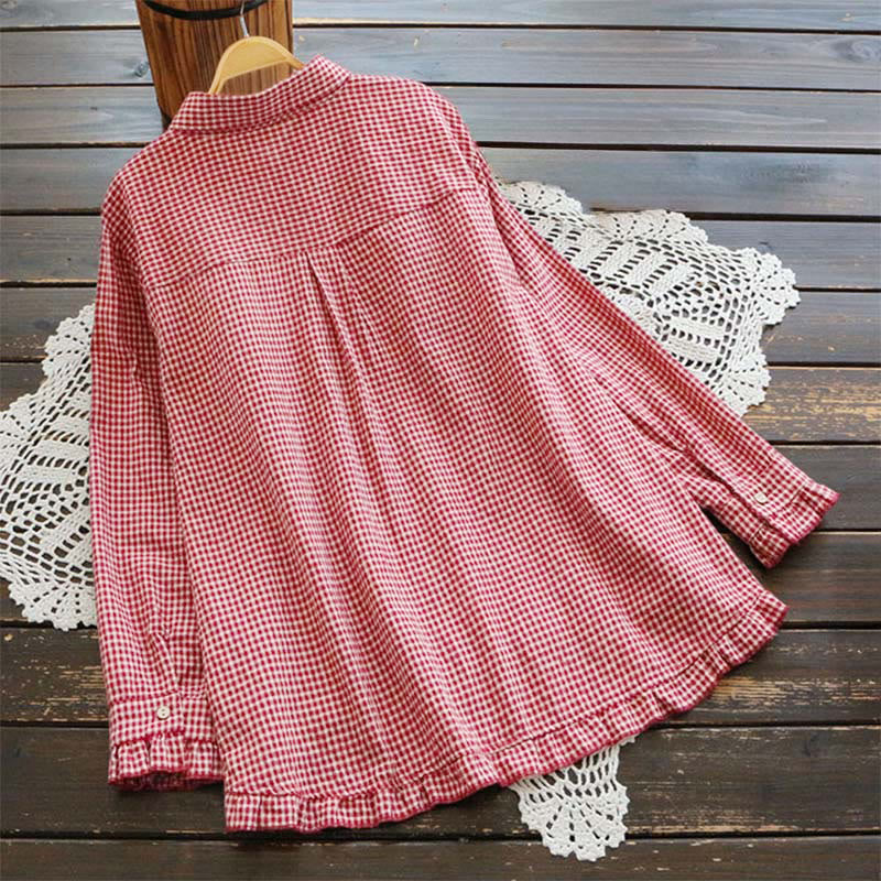 Buddha Stones Spring Plaid Ruffled Hem Design Long Sleeve Women's Buttons Shirt - image 1