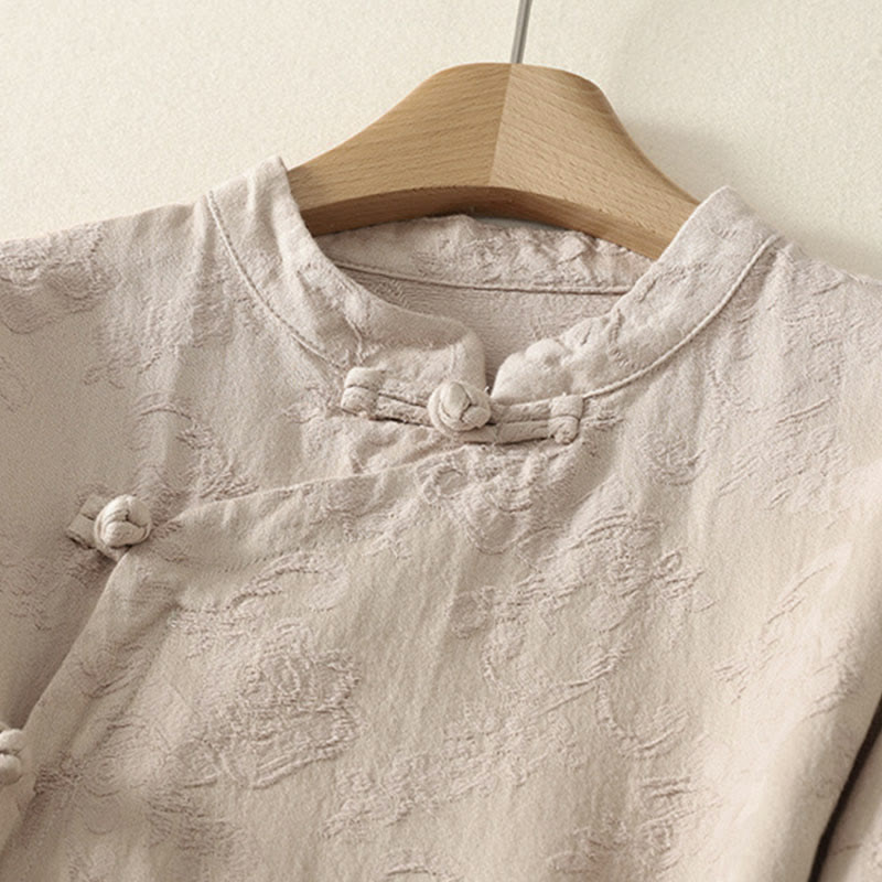 Buddha Stones Jacquard Diagonal Placket Long Sleeve Women's Cotton Linen Buttons Shirt - image 2