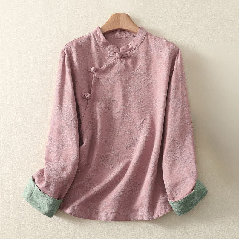 Buddha Stones Jacquard Diagonal Placket Long Sleeve Women's Cotton Linen Buttons Shirt - LightPink - US8-10，UK/AU12-14，EU40-42 (2XL) - image 11