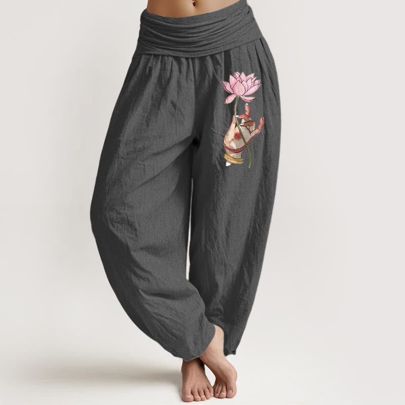 Buddha Stones Hand Holding Delicate Lotus Pattern Women's Elastic Waist Harem Cotton Pants - Tan - US16，UK/AU20，EU48 (3XL) - image 8
