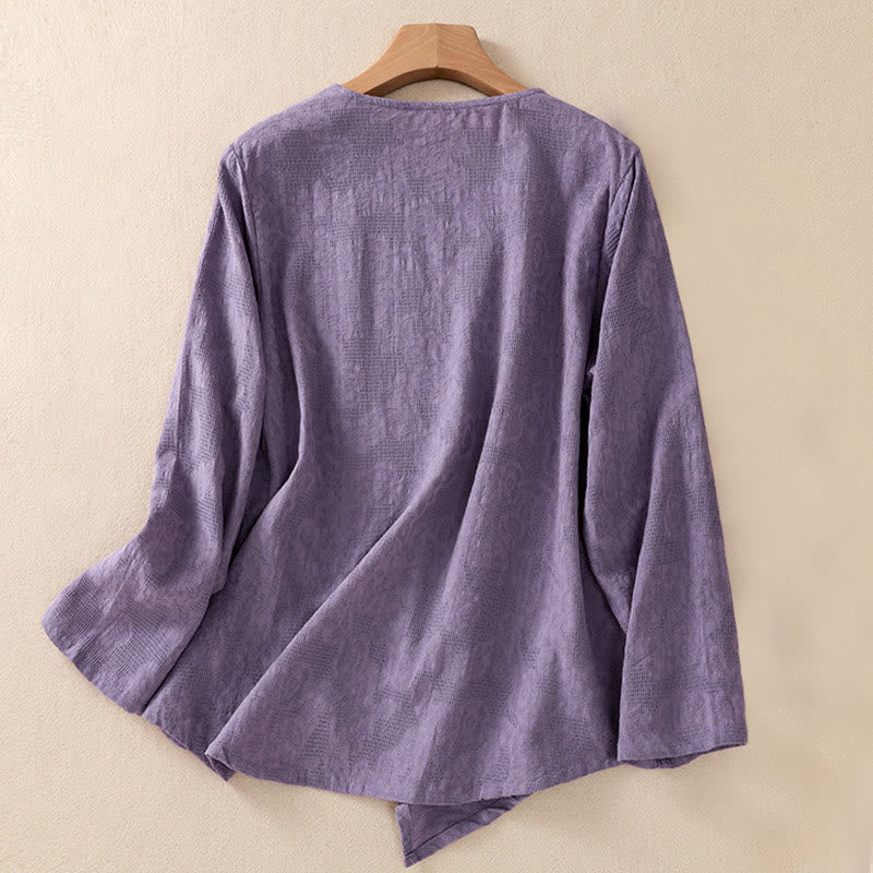 Buddha Stones Jacquard Irregular Hem Pleated Design Women's Cotton Long Sleeve Shirt - image 1