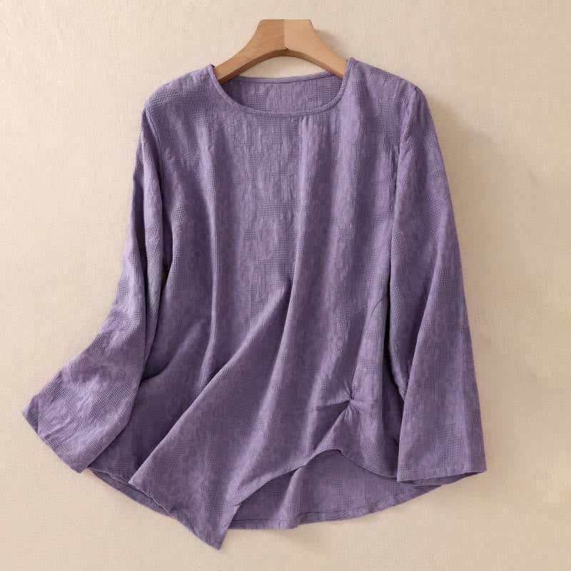 Buddha Stones Jacquard Irregular Hem Pleated Design Women's Cotton Long Sleeve Shirt - DarkOrchid - US8-10，UK/AU12-14，EU40-42 (2XL) - image 0